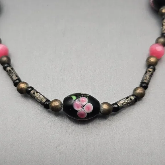 VTG Hand-Blown Lampwork Glass Bead Necklace 16" Floral Motifs Mixed Media - Picture 4 of 12